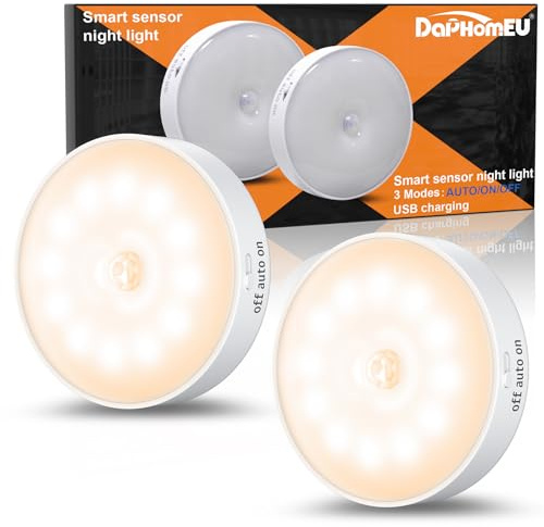 daphomeu 2 Stück Nachtlicht mit Bewegungsmelder,USB Wiederaufladbare LED-Licht,Schrankbeleuchtung,Bewegungsmelder innen für Treppenbeleuchtung,Schlafzimmer, Küche, Kinderzimmer.（Warmweiß）