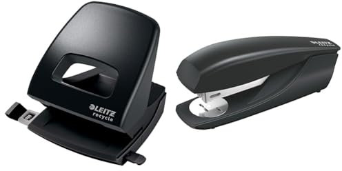 Leitz Set Recycle Locher + Heftgerät, Für 30 Blatt, Anschlagschiene mit Formatangaben, Inkl. Heftklammern, Integrierter Entklammerer, 100% recyclebar, Umweltfreundlich, Schwarz, 50030095 + 56040095