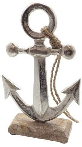 Concord GmbH Deko Anker mit Seil Silber Aluminium Holzfuß Maritim Sommer Terrasse Bad Geschenk 13x5x21,5cm