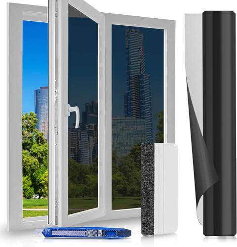 Fensterfolie Sonnenschutzfolie Fenster Innen - 60 x 400 cm - Spiegelfolie Fenster Sichtschutz, Spiegelfolie Selbstklebend, UV-Schutz Sichtschutzfolie Fenster, Hitzeschutzfolie für Büro, Schwarzsilber