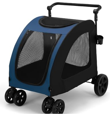 Hundefahrradanhänger, 2-in-1 faltbarer Hundekinderwagen mit Hundetrolley auf Rädern for mittelgroße Hunde, praktische Aufbewahrung und einfache Reinigung(Blue)