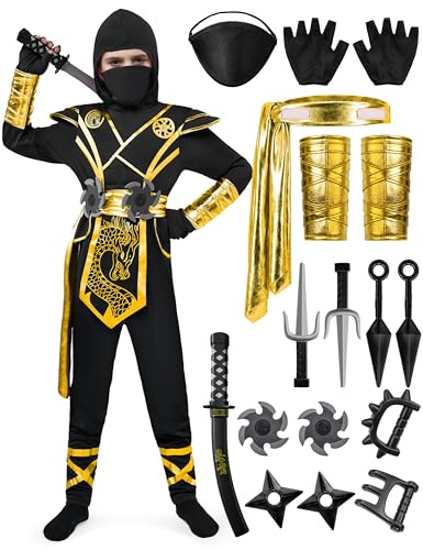 Spooktacular Creations Halloween Ninja kostym barn, svart guld ninja drake jumpsuit-set, halloween kostym för pojkar utklädnad rollspel (liten 5–7 år)