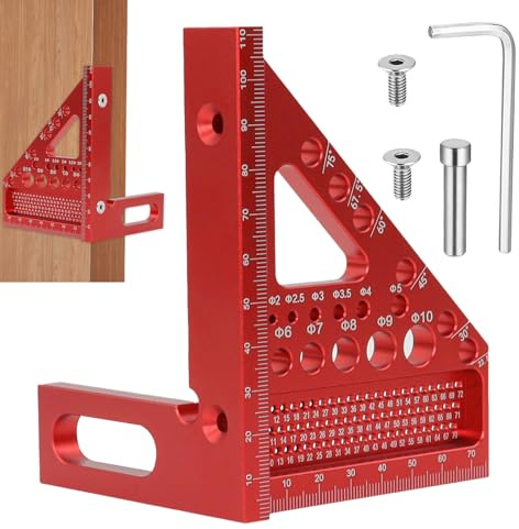BEASAFY 3D-Gehrungswinkel, 22.5-90 Grad Aluminiumlegierung Winkelmesser, Hochpräzises Layout-Messwerkzeuge, Rot Multifunktional Anreisswerkzeug mit Dübelstift für Ingenieure Schreiner