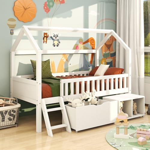 HESHU Kinderbett Hausbett 90x200 cm, Bettrahmen mit Schublade und Ablagefächern, für Jungen und Mädchen, mit Rausfallschutz und Lattenrost, ohne Matratze, Weiß