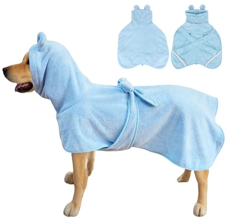 Super saugfähiger Hunde-Bademantel Ananas weich schnell trocknend Hundehandtuch-Robe verstellbarer Trockenmantel für nach dem Bad mit Kapuze (Korallen-Samt, Blau, X-Large)