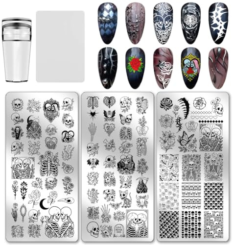 PH PandaHall 3pcs Skull Nail Stamping Plates, Bone Skeleton Flower Nail Art Templates Gothic Skull Art Stencils Image Plate for DIY Print Manicures Salon Design Halloween