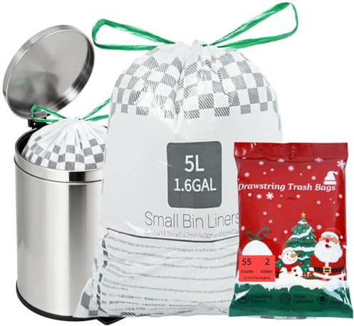 Kleine Weihnachts-Müllbeutel, 5 l, Kordelzug, leicht abreißbar, 55 Stück, Müllbeutel für Badezimmer, Büro, Schlafzimmer, Küche, Büro, festliches Design