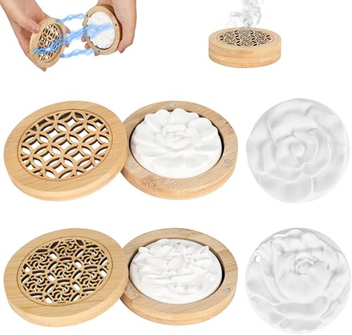 Trendecor 4 Stück Duftsteine für Ätherische Öle, Diffuser Ätherische Öle Klein mit 2 Hölzerner Räucherkiste Duftstein Aroma Diffuser für Aromatherapie in Auto und Schlafzimmer