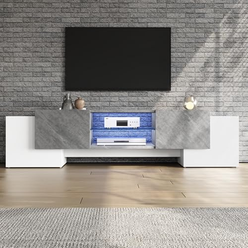 Fppuueg Mueble TV de 180cm con luz LED, Mueble TV Salon de 80 Pulgadas con 4 Puertas y Separador de Cristal, Mesa TV con Espacio de Almacenamiento, Mueble Television, 180x40x46.5 cm, Blanco y Gris