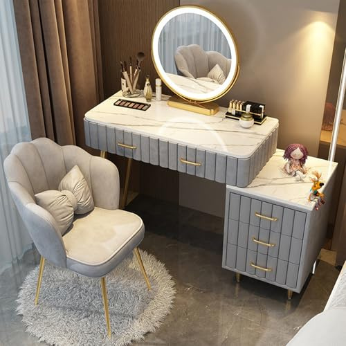 AnYaBinni Schminktisch Moderner Stil Mit Spiegel, Stuhl und LED-Beleuchtung - 3 Lichtmodi, 4 Schubladen für Schlafzimmer, Wohnzimmer - 80/100 * 40 * 76 cm