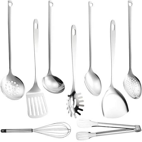 DXiongW Ensemble d'Ustensiles de Cuisine en Acier Inoxydable 9 Pièces avec Spatule Louche Écumoire Fouet Pince et Cuillère à Pâtes Lave-Vaisselle Outils de Cuisine Accessoires Petits Ustensiles
