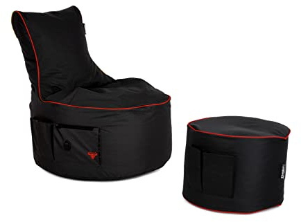 BuBiBag Maverick Gaming Sitzsack Set Schwarz-Rot – ergonomischer XXL Sitzsack mit Hocker, Wasserabweisende Premium-Hülle, EPS-Kügelchen und 3 praktische Seitentaschen für Gaming & entspanntes Sitzen