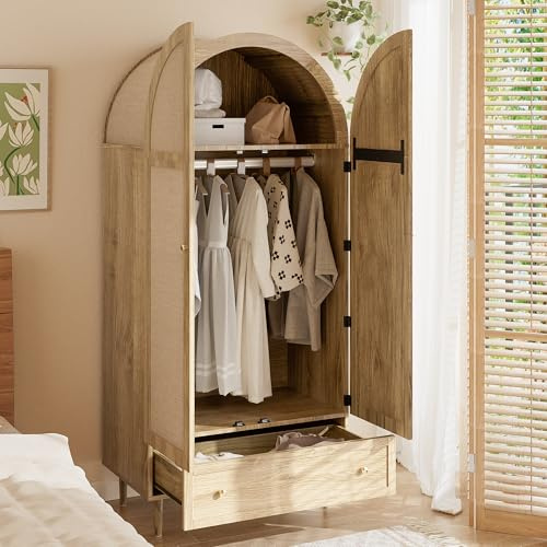ECLIVON Eleganter Kleiderschrank 175 cm Hoch mit Bogendesign und Leinenbezug, Mehrzweckschrank mit Schubladen und Kleiderstange, Garderobenschrank mit Türen, Drehtürenschrank mit Stauraum (Oak)