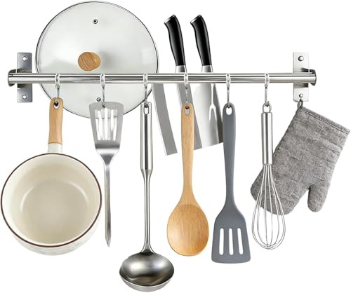 Hittriu Kitchen Utensils Rack 30cm with 6 Hooks, Stainless Steel Utensil Rail Drill & No Drill, Kitchen Hooks Hanging for Utensils Pans