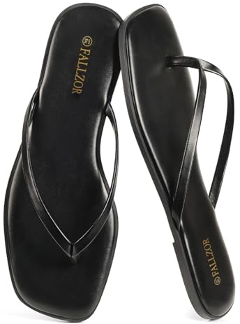 Flip Flops Women Square Toe Leather Thong Sandals Ladies Summer Slides | Lightweight comfort, cushioned footbed, slip resistant outsole, flexible design for beach, indoor and outdoor walking