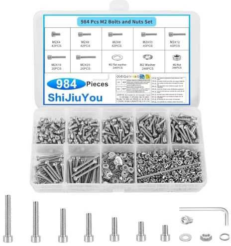 Set de 984 tornillos de acero inoxidable M2 | Incluye tornillos de cabeza redonda con Allen, tuercas y arandelas – todo en M3, listo para montar.