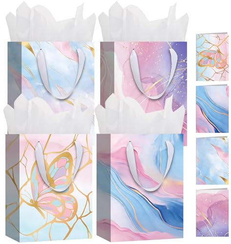 woric 4Pcs Gift Bags With 8 Tissue Paper & 4 Cards, Marble, 27 * 20 * 12cm | Reinforced Base, Sturdy Handles, For Birthdays, Weddings, Baby Showers And Gifts