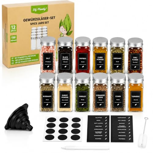 Especieros para Cocina, Elf-Family Botes Especias Cristal 12 x 120ml con Tapas de Aluminio Herméticas, Especiero con Dosificador, Etiquetas, Embudo Plegable, Cepillo y Organizador Especias