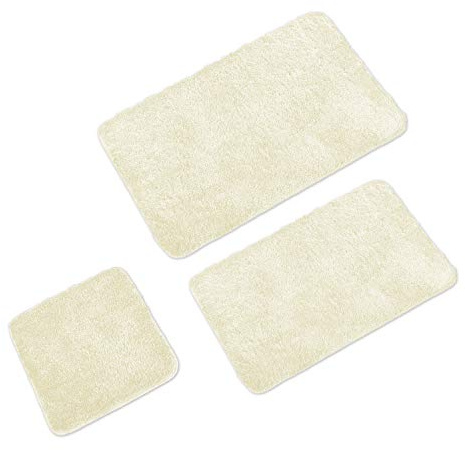 WohnDirect Badematten Set 3tlg – Badvorleger rutschfest & waschbar, Creme | Flauschiger Hochflor-Badteppich (ca. 4 cm) mit Anti-Rutsch-Unterseite – für Fußbodenheizung geeignet, Öko-Tex zertifiziert