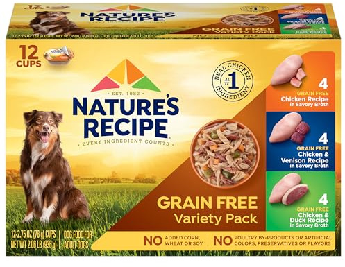 Nature’s Recipe Grain Free Chicken Recipe, Chicken & Venison Recipe and Chicken & Duck Recipe in Savory Broth Variety Pack Wet Dog Food, 12-2.75 oz. Cups, 2 Count