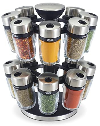 Cole & Mason 16 Herb & Spice Carousel - Rotating Spice Rack - Metal Two-Tier Organizer - Lazy Susan Style - Stainless Steel/Black, 10 inch