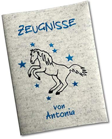 Goldi-Design Zeugnismappe Pferd weiß personalisiert mit Namen 100% Wollfilzumschlag und Sichtbuch DIN A4 mit 20 Hüllen