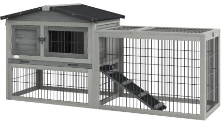 PawHut Conejera Exterior de Madera 150x52x68 cm Jaula para 1-2 Conejos Gris | Grande, Techo Asfáltico Abatible, Bandeja Extraíble, Rampa