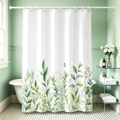 M&W DAS DESIGN Duschvorhang Vintage Garden Plants Pflanzen Textil gelb grün Natur Wachstum Vorhang Ruhe Schimmelresistent Blätter Farbfest inkl. 12 C-Ringe Gewicht unten Badzimmer