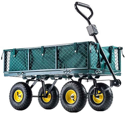 KADAX Netzgartenwagen mit Abnehmbarer Plane, Tragkraft 300 kg, Bollerwagen aus pulverbeschichtetem Stahl, Handwagen mit Antirutschgriff, Gartenwagen, Transportwagen (120L, Grün/Schwarz)