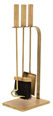 Ivyline Three Piece Companion Set in Brass with Modern Square Stand - Hanging Brush, Shovel & Poker - Handy Fireside Tools - H50 x W20.5 cm