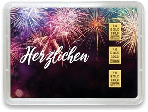 Goldbarren – Geschenk Motivbox “Herzlichen Glückwunsch” – Valcambi ESG - Feingold 999,9 (3g Gold)