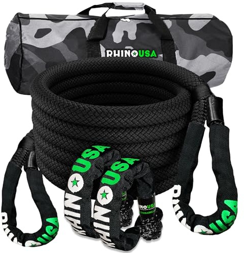 Rhino USA Kinetic Tow Rope 13,000kg (2.2cm x 9m) - Heavy Duty Offroad 4x4 Snatch Strap Recovery Kit - Includes 2 Soft Shackles for UTV, ATV, Truck, Car, Tractor, Emergency Car Kit - Black
