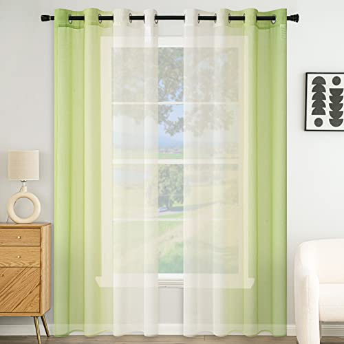 EMEMA Vorhang Zweifarbiger Vorhänge mit Ösen 2er Set Grün Voile Gardinen | Vorhang mit Ösen Transparente Polyester Ösenschal Wohnzimmer Luftig Dekoschal für Schlafzimmer B140 X H215cm