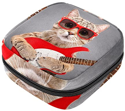 Borsa per assorbenti igienici, borsa per coppette mestruali, da viaggio, grande capacità, organizer per trucchi, con gatto scozzese dritto con occhiali da sole con pittura a chitarra elettrica