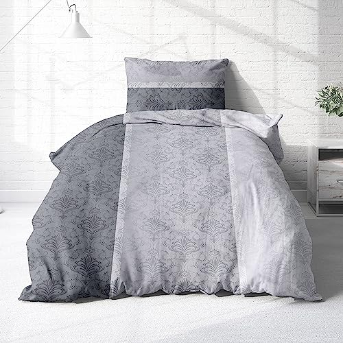 Träumschön Biber Bettwäsche Set 2tlg 155x220 cm + 80x80 cm – Flauschige Paisley Bettwäsche Grau – Weiche Winterbettwäsche mit Muster - Atmungsaktiv, Warm & Hautfreundlich - 100% Baumwolle