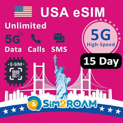 USA Prepaid eSIM-kort(Använd T-Mobile-nätverk)|Obegränsad 5G/4G Internetdata i USA(Hawaii ingår)+5GB 5G/4G Data i Kanada och Mexiko|Obegränsade samtal och sms mellan USA, CA och MX|Refillable(15Days)