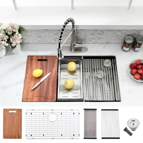 33 Inch Undermount Kitchen Sink Workstation - VOKIM 33 Inch Undermount sink Single Bowl 16 Gauge Stainless Steel R10 Deep Handmade Sink Basin with Accessories