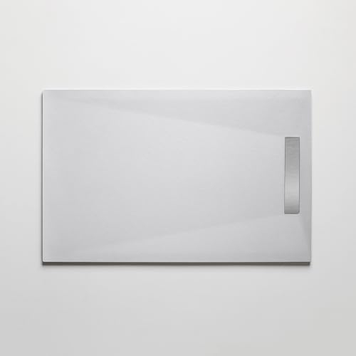 Plato de ducha resina 90 x 140 cm, acabado piedra, color blanco, modelo PURE con rejilla inoxidable y pileta incluidos