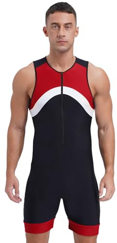 Hedmy Mens One Piece Bodysuit Wetsuit Sleeveless Front Zip Swimming Surfing Swimsuit Sun Protection Swimwear Red XL