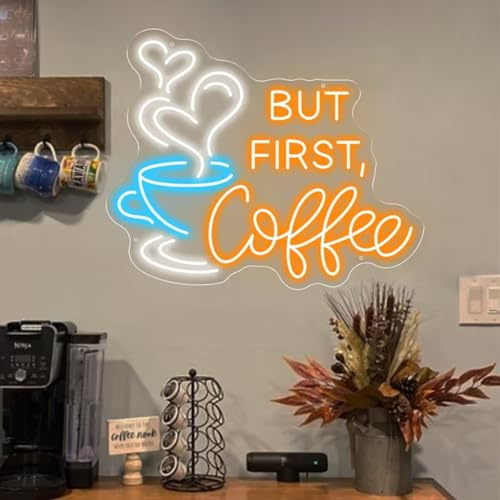 But First Coffee neonskylt stor 5 V USB-driven akryl neonljus med dimbar strömbrytare och hängande kedja för kaffe kafé bar fest vardagsrum skylt gåvor 35,5 x 28,5 cm (orange)