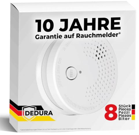 Rauchmelder 8er Set mit 10 Jahre Garantie BSI Zertifiziert nach DIN EN14604 inkl. 9V Batterie Rauchwarnmelder Brandmelder Feuermelder