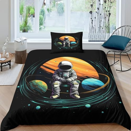 Bunter Astronaut Mikrofaser Kinderbettwäsche 3D Druck Bettdecke Decken Für Jungen Weltraum-Forscher Bettbezug 2 Teilig Und Kissenbezug Kinder Für Jugendliche Kinder Schlafzimmer Single（135x200cm）