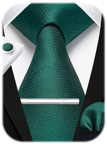 HISDERN Herren Krawatte Dunkelgrün Hochzeit Seidenkrawatte und Einstecktuch Manschettenknöpfe Krawattenklammer Set Formal Business