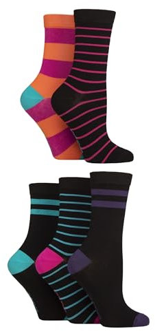 SockShop Ladies Soft Bamboo Socks - Womens, Breathable, Cooling, Plain, Patterned & Striped in a 5 Pair Multipack Size 4-8 Stripe Bright
