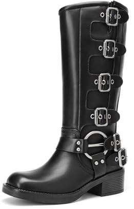 DREAM PAIRS Women's Knee High Biker Moto Boots,Black-1,7