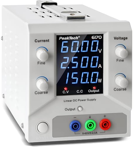 PeakTech, 6170, Fuente de alimentación de laboratorio 0-60 V / 0-2,5 A CC Fuente de alimentación lineal SELV con transformador de aislamiento, fuente de alimentación de laboratorio