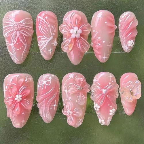 MouyouGlow Press on Nails Kurz,Almond Rosa Base 3D Ribbon Bow Tie Schleife Fliege Blumen Schmetterling Perlen Herz Fairy Sweet Coquette Fake Nails mit Nagelkleber,Sommer Künstliche Fingernägel