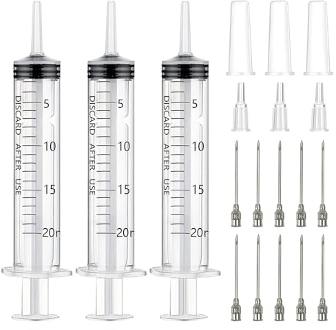 3 stycken sprutor 20 ml, plastspruta 20 ml med rostfria nålar, återanvändbara plastsprutor för halloween växtbevattning, djurfoder, vetenskapliga laboratorier (individuellt paket)