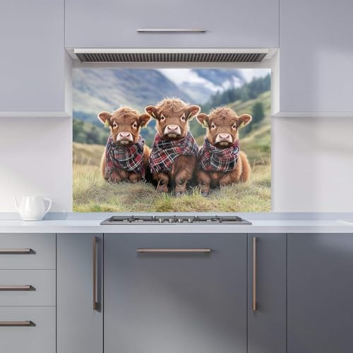 Premium Trio Of Baby Highland Cows Kitchen Splashback 6mm Toughened Glass Kitchen Splashback – Heat Resistant Splashback for Kitchens, Perfect for Cookers and Hobs, Polished Edges