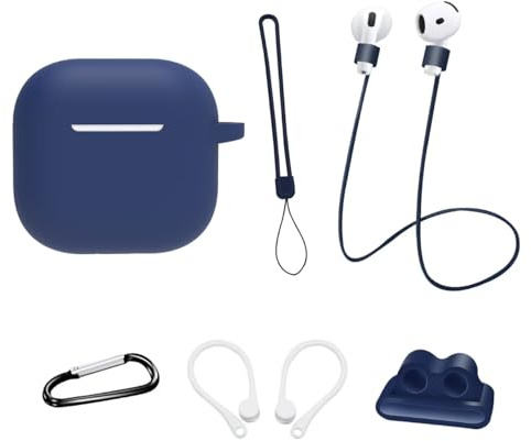 Funda Protectora de Silicona para Airpods 4 Gen (2024): AIYAAIYA Juego de Accesorios 8 en 1 para Airpod con Soporte para Apple Watch/Llavero/Cuerda Antipérdida/Ganchos para la Oreja (Azul)